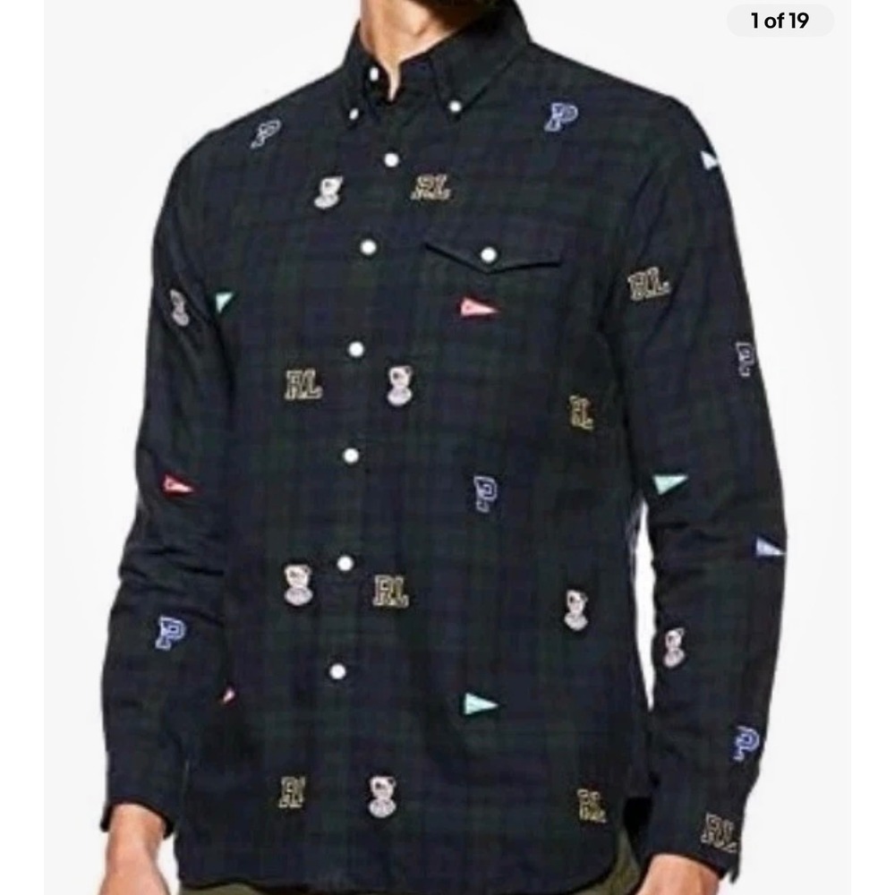 Ralph Lauren Blackwatch Tartan Embroidered Button Down Top Pennant Mens Med